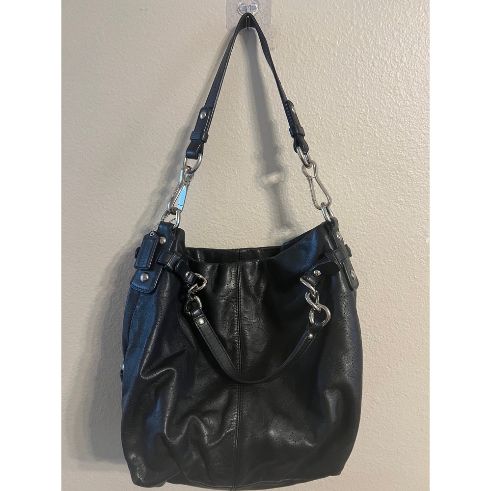 Coach Madison Laser Cut Op Art Sophia Black Leather Shoulder Bag F16908